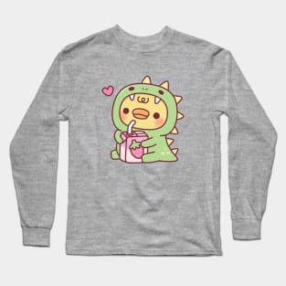 Duck In Cute Dinosaur Costume With Strawberry Milk Long Sleeve T-Shirt